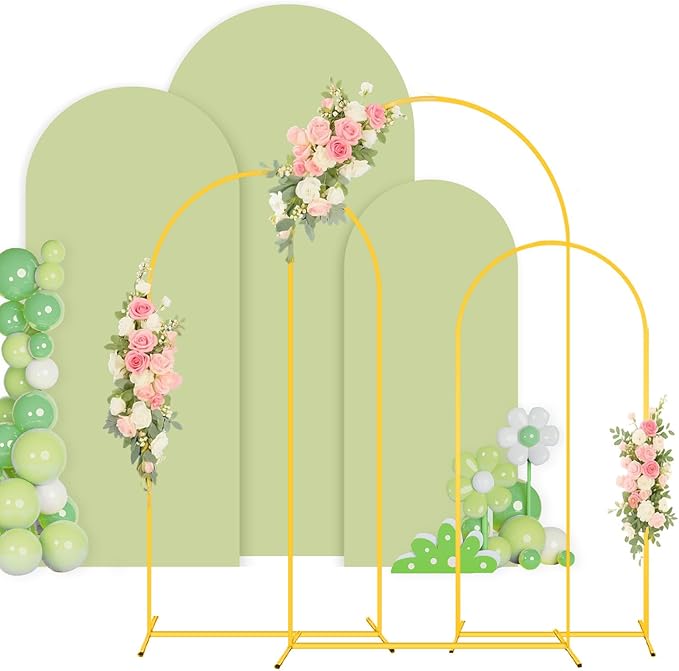 6FT 5FT 4FT Metal Arch Stand and Cover Set of 3 Balloon Wedding Arch Backdrop Stand with Sage Green Arch Cover Spandex Arched Backdrop Frame for Birthday Party Baby Shower Garden Arbor Decor