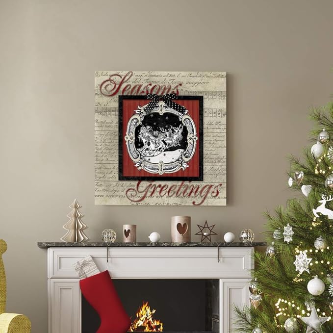 Renditions Gallery Season's Greetings Wall Art, Cute Winter Decor, Santa & his Reindeer, Antique Sheet Music Paper, Premium Gallery Wrapped Canvas, Ready to Hang, 32 in H x 10 in W, Made in America