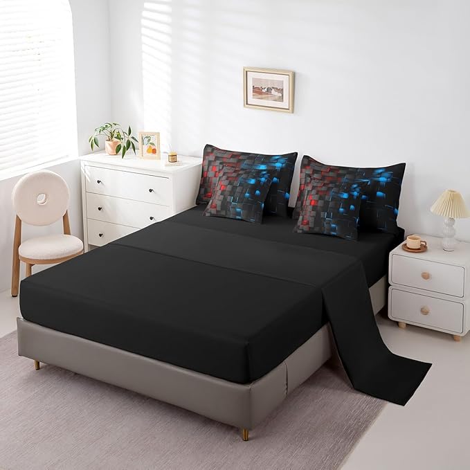 Feelyou Red and Blue Bedding Set Twin Size Kids Light Geometric Comforter Set with Sheets 7 Piece Bed in a Bag forModern Bed Set with Comforter,Sheets,Pillowcases,Cushion Covers