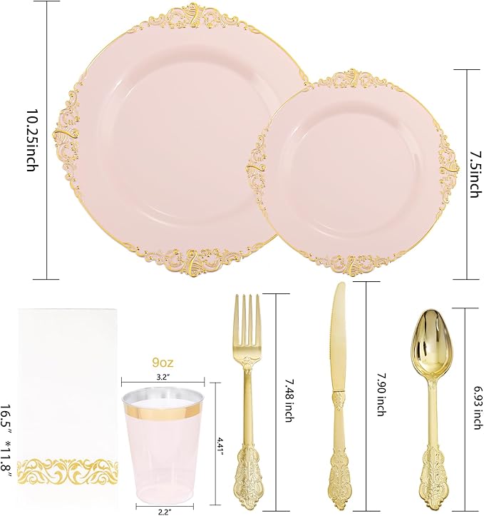 Morejoy 175pcs Pink Plastic Plates - Pink and Gold Disposable Plates sets, Include 25 Dinner Plates,25 Dessert Plates,25 Cutlery Sets,25 Napkins Perfect for Wedding & Party & Holiday & Christmas