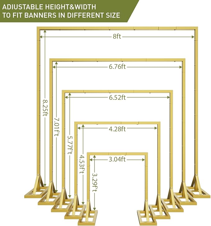 8.2FT Adjustable Backdrop Stand Kit - Square Wedding Arch & Balloon Arch for Photo Booth Background, Baby Shower, Birthday Party Decorations (Portable Frame) (Gold,8.2X 8FT)