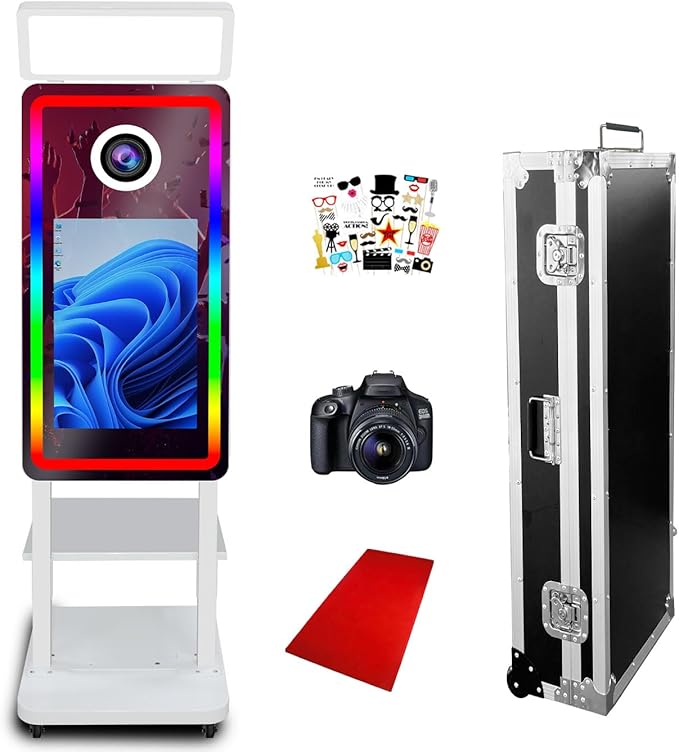 Magic Mirror Photo Booth Machine with Camera, 40in Mirror Photobooth with 21.5" Touch Screen, Built-in Mini PC, with Cooling Fan, for Parties, Birthdays, Trade Shows (White, with Camera no Printer)