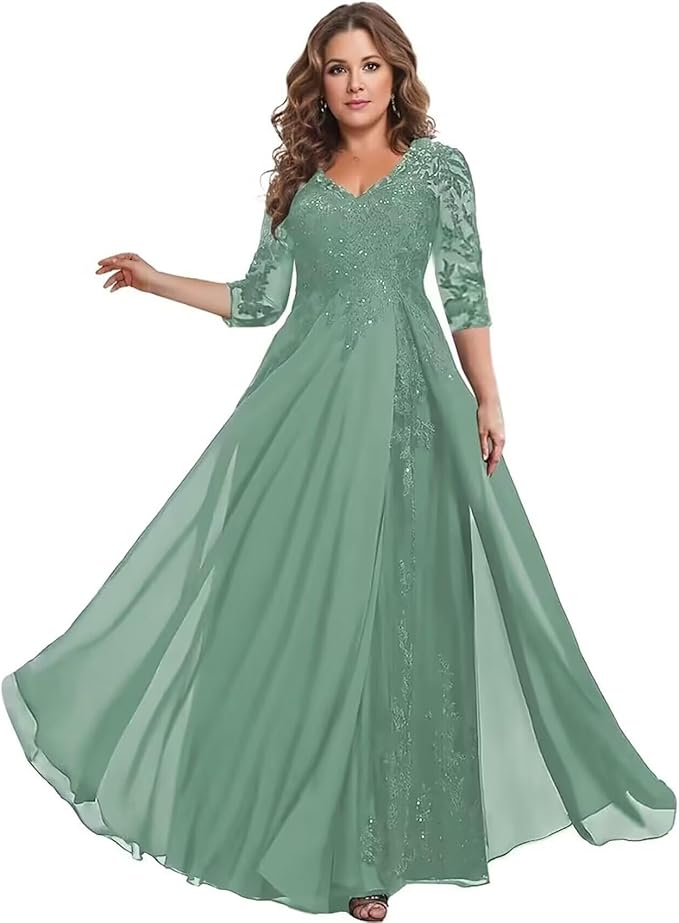 Long Sleeve Mother of The Bride Dress for Wedding Chiffon Lace Applique Formal Gowns BOF163