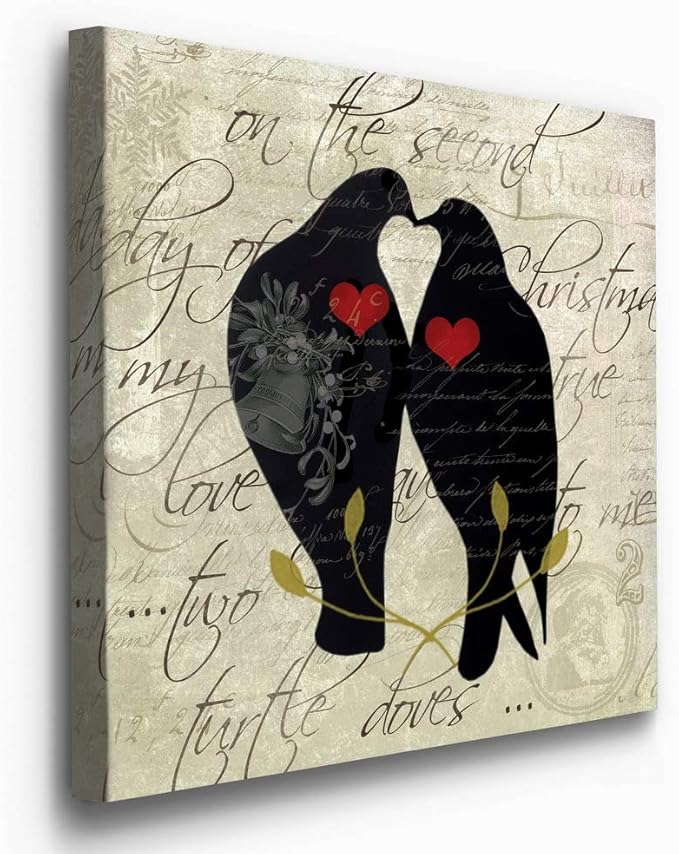 Renditions Gallery Twelve Days of Christmas Wall Art, Two Turtle Doves, Lovely Winter Artwork, Kissing Birds, Premium Gallery Wrapped Canvas Decor, Ready to Hang, 24 in H x 24 in W, Made in America