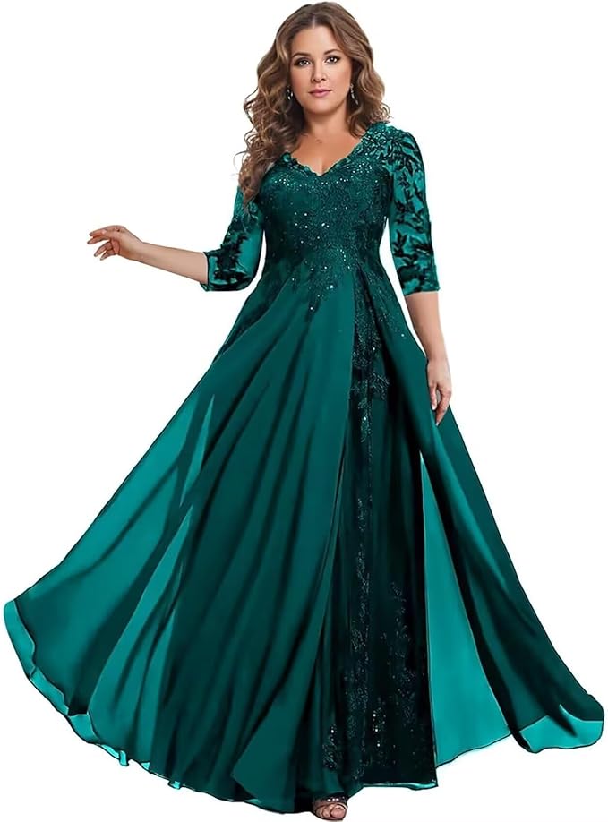 Long Sleeve Mother of The Bride Dress for Wedding Chiffon Lace Applique Formal Gowns BOF163