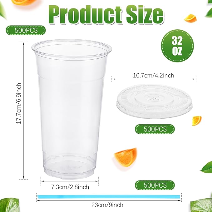 Hushee 500 Sets 32 oz Clear Plastic Cups with Lids and Individually Wrapped Straws Disposable PET Cups for Iced Coffee Cold Drinks Smoothie Juice Parfait Milkshake Parties