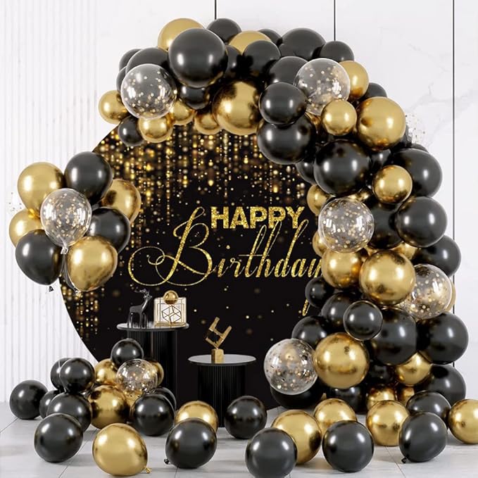 OERJU 6x6ft Happy Birthday Round Backdrop Cover Black and Gold Glitter Sequins Bokeh Arch Background Stand Cover Circle Backdrop for Photography Kids Adult Birthday Party Decor Photo Booth Props