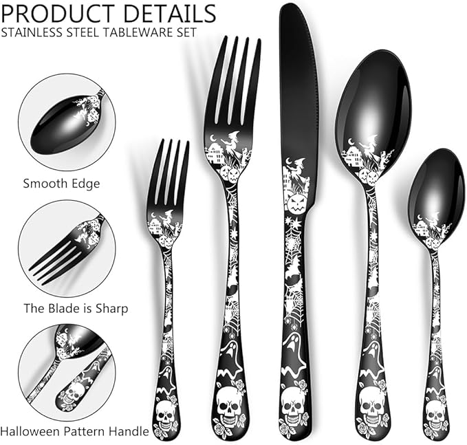 XIAOYU Halloween Themed Skeleton Silverware Set for 4, 20-Piece Stainless Steel Flatware Set, Gothic Skeleton Pattern Decorative Cutlery Set, Halloween Easter and Christmas Tableware, Black