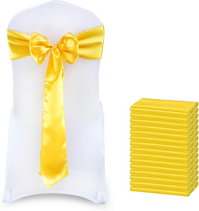 VDS Satin Chair Sashes Chair Cover Back Tie Sateen Bows Ribbon for Wedding Birthday Graduation Engagement Ceremony Event Party Banquet Venue Hotel All Dining Chair Decoration (150PC) (Yellow Gold)