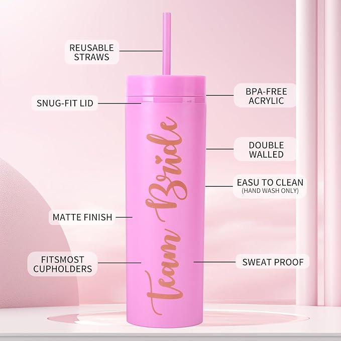Bride to Be 6 Pack | Team Bride Tumbler - 16 oz Bachelorette Party Cups & Games (Pink)