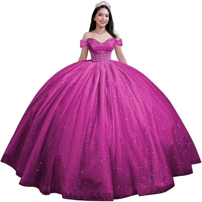Youjiayi Glitter Tulle Quinceanera Dresses with Train Off Shoulder Beaded Sweet 16 Dresses Pleated Long Ball Gown for Women