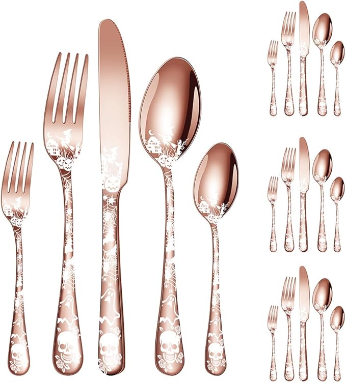 XIAOYU Halloween Themed Skeleton Silverware Set for 4, 20-Piece Stainless Steel Flatware Set, Gothic Skeleton Pattern Decorative Cutlery Set, Halloween Easter and Christmas Tableware, Rose Gold