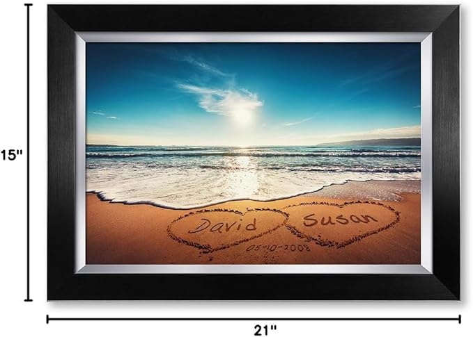 IPIC - Heart in Heart, Personalized Artwork with Names and Date on, Customized Gift for Anniversary,Wedding,Birthday and Holidays. Picture size: 18x12, Framed Size: 21x15