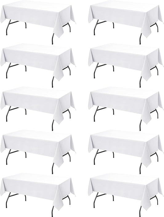 10-Pack White Tablecloths for Rectangle Tables, 60 x 102 Inches, Stain-Resistant Polyester Fabric for 6 Foot Tables - Washable Table Covers for Weddings, Banquets, Birthday, Parties, Events