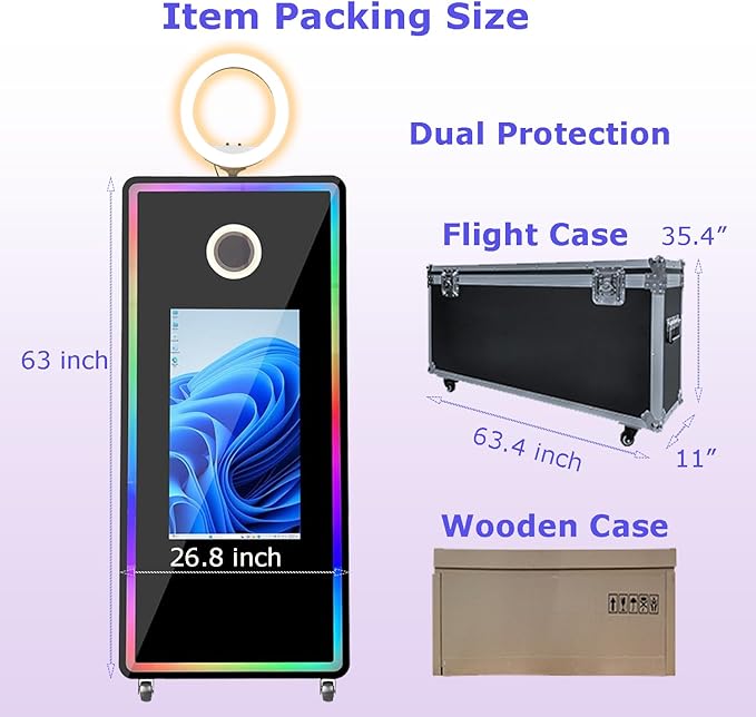 Photo Booth with Printer and DSLR Camera Magic Mirror Photo Booth for Party Events Wedding Rental 32-inch Interactive Touch Screen Selfie DSLR Photobooth Built-in Mini PC Ring Light RGB LED Frame