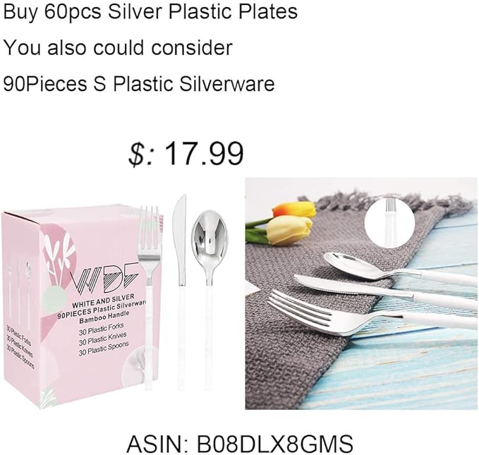 WDF 60pcs Silver Plastic Plates-Baroque White &Silver Plates for Upscale Parties &Wedding-including 30Plastic Dinner Plate 10.25inch, 30 Salad Plate 7.5inch for Valentine's Day