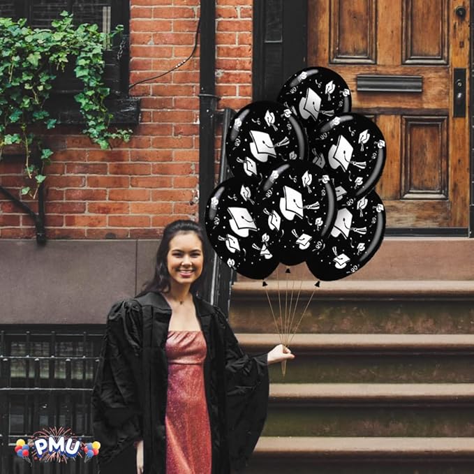 PMU 100 Pcs Black Graduation Balloons Class of 2025 with All-Over Print White Grad Caps-Confetti and Streamers | Graduation Party Supplies | Congratulations Grad Latex Balloons Latex