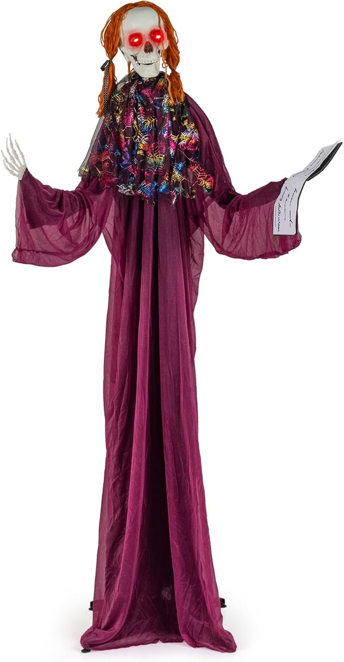 BECOMFORT 6 FT Halloween Animatronics, Sound-Activated Skeleton Girl with Book, Glowing Eyes, Howling Sounds, Moving Head & Posable Arms, Animated Halloween Props Decoration for Indoor & Outdoor