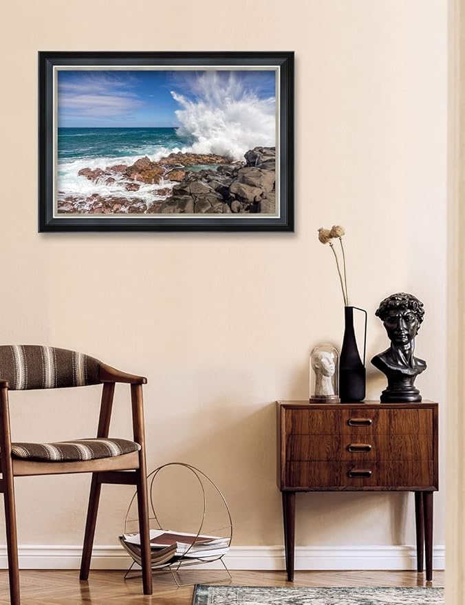 IPIC - Waves Crashing at Queen's Bath Personalized Framed Wall Art with Names and Date on, Giclee Prints Framed with Solid Wood, Custom Memorial Gifts for Anniversary.Total Size: 27.25"x19.25"