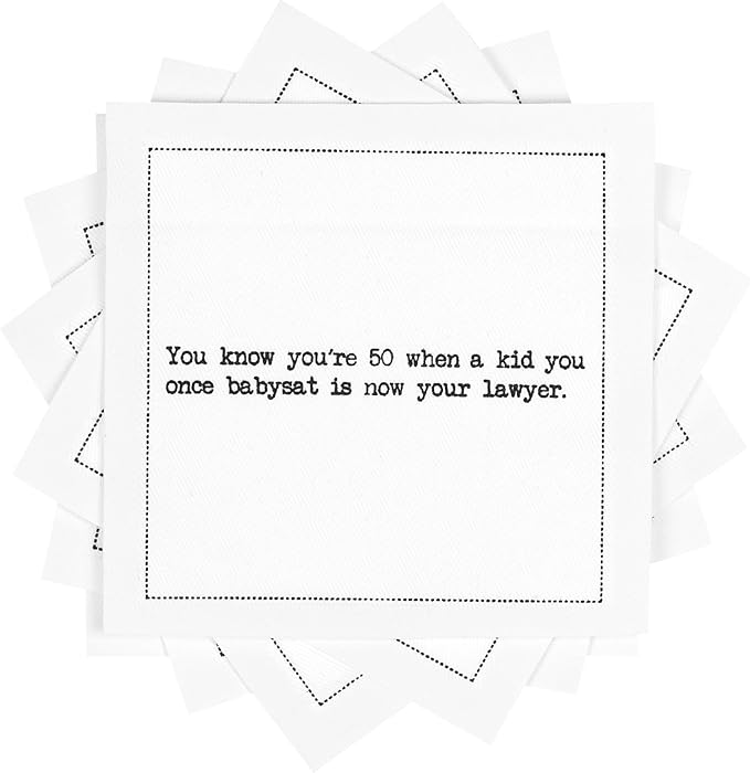 Five Star Funny 50th Birthday Quotes | White Cotton Cocktail Napkins | 50 Luxury Disposable Beverage Napkins with Witty Bar Quotes | Drink Napkins for Parties, Bars, Weddings & Game Nights