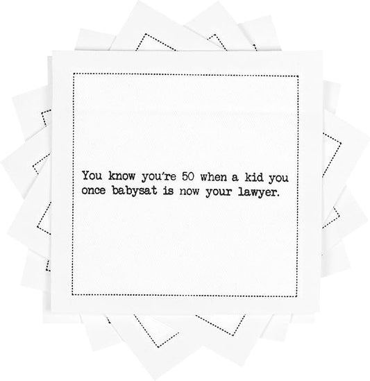 Five Star Funny 50th Birthday Quotes | White Cotton Cocktail Napkins | 50 Luxury Disposable Beverage Napkins with Witty Bar Quotes | Drink Napkins for Parties, Bars, Weddings & Game Nights