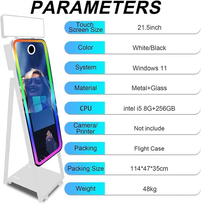 Magic Mirror Photo Booth,Mirror Photo Booth Interactive Touch Screen with Flight Case, Built-in Mini PC with Instant Print and Sharing for Event Party Wedding Rental (White, 21.5''Screen)