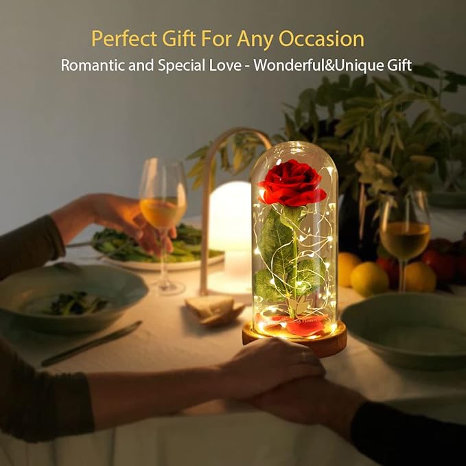 Valentines Day Gifts for Her Beauty and The Beast Rose,Red Rose in Glass Dome with 2 Lights Modes, Valentines Flower Gifts for Women Mom Wife Girlfriend on Valentines Anniversary,Birthday,Wedding