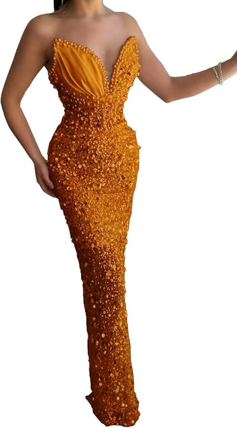 Sparkly Sequin Mermaid Prom Dresses Long V Neck Satin Beaded Pleated Tight High Waist Formal Dresses Evening Party Gowns