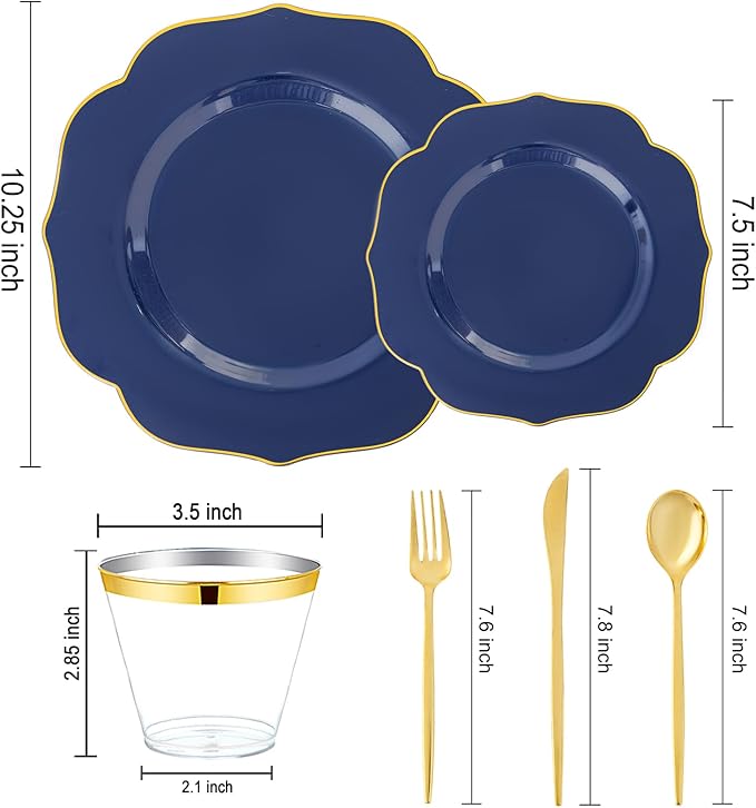 bUCLA 180PCS Blue Plastic Plates - Navy Blue and Gold Rim Disposable Include 30 Each (Dinner & Dessert) Plates, 30 Knives, 30 Forks, 30 Spoons and 30 Cups, Ideal for Party, Gathering and Hanukkah