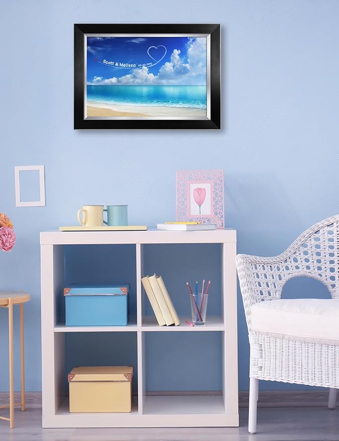 IPIC - Seaside Skywriting Personalized Artwork with Names and Date on, Customized Gift for Anniversary,Wedding,Birthday and Holidays. Framed Size: 21x15