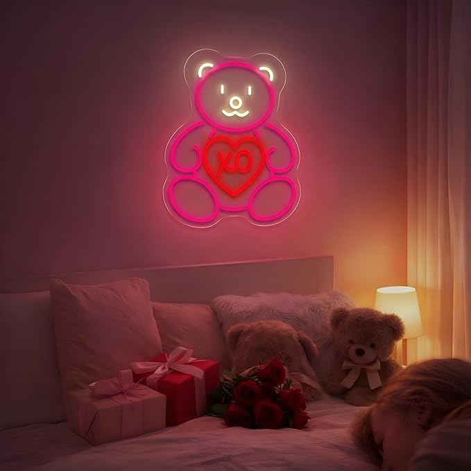Pink Teddy Bear Neon Sign for Wall Decor, Sweet XO Heart LED Neon Light for Teen Girl Bedroom & Girlfriend Gift, Cute Neon Wall Art for Valentine’s Day Decor & Cozy Room Lighting 15.8"x12.6"