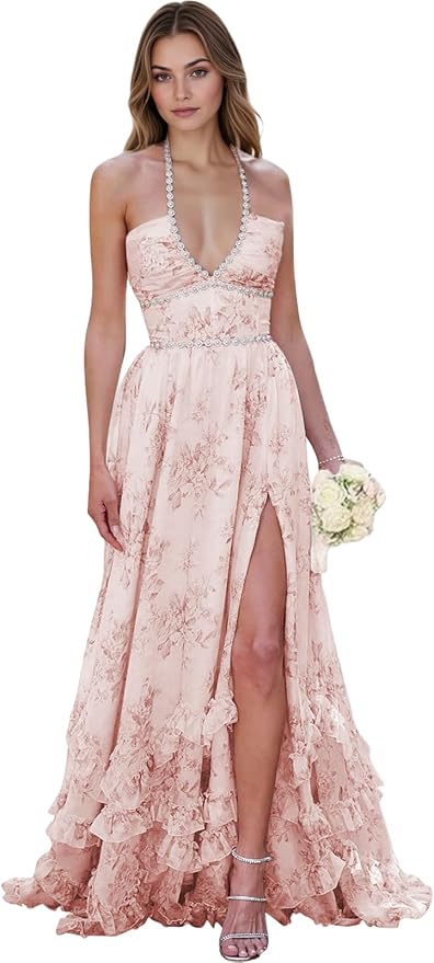 Floral Printed Chiffon Prom Dress for Carmen 2025 Long V Neck Floor Length Photoshoot Dress with Side Slit Ruched