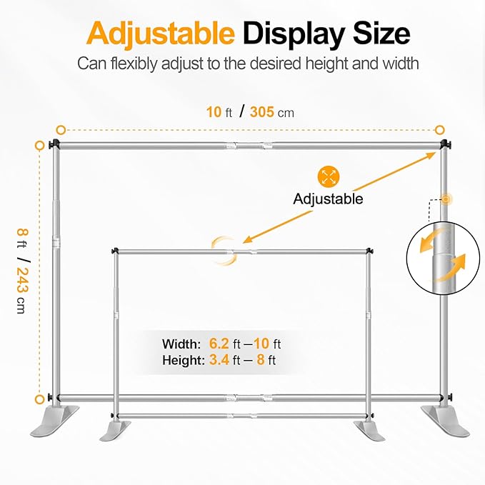EMART 10x8 ft Heavy Duty Banner Backdrop Stand Kit Adjustable Frame for Step and Repeat Backdrops, Ideal for Photography, Trade Shows, and Photo Booths, Sliver