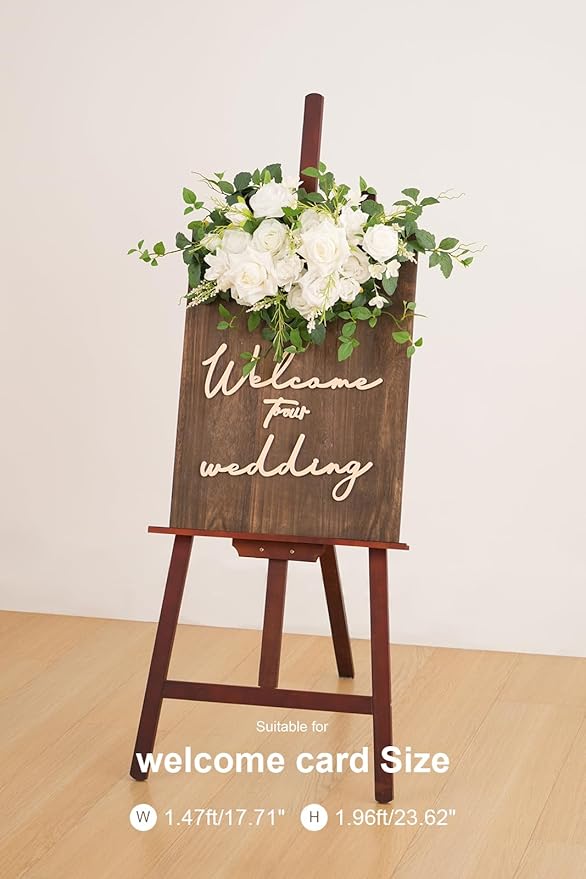 2pcs White Green Mint Leaves Deluxe Welcome Sign Artificial Flowers Wedding Backdrop Garland Hanging Floral Arrangements for Ceremony Reception Entryway Board Sweetheart Table