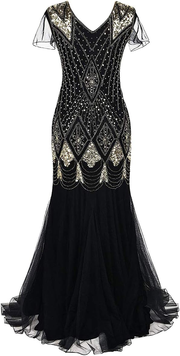 Women Vintage 1920s Gatsby Flapper Evening Party Dress V Neck Art Deco Sequins Mermaid Hem Cocktail Formal Long Maxi Gown