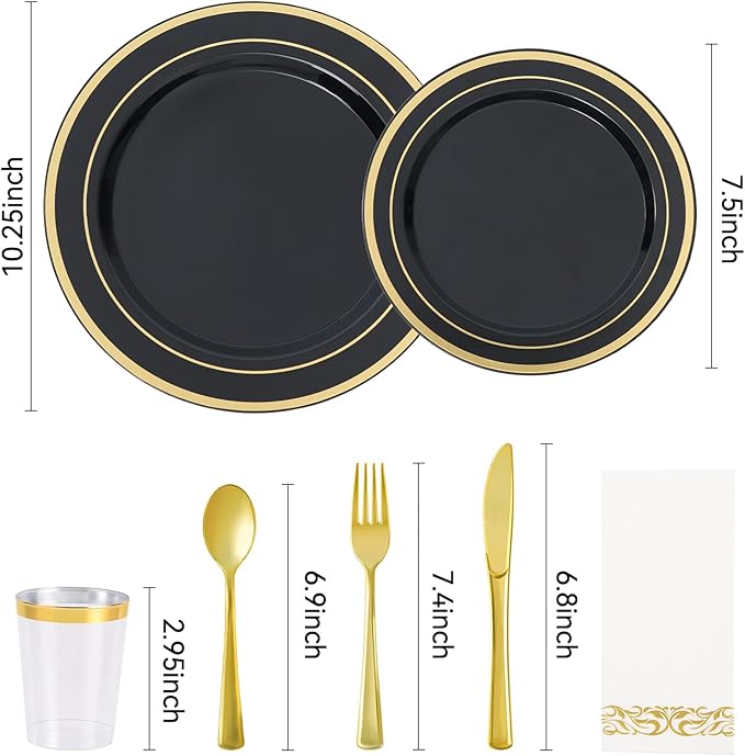 350 Pieces Black & Gold Disposable Plates for 50 Guests, Disposable Plastic Plates, Dinnerware Set of 50 Dinner Plates, 50 Salad Plates,50 Cups and 50 Paper Napkins, for Party, Wedding