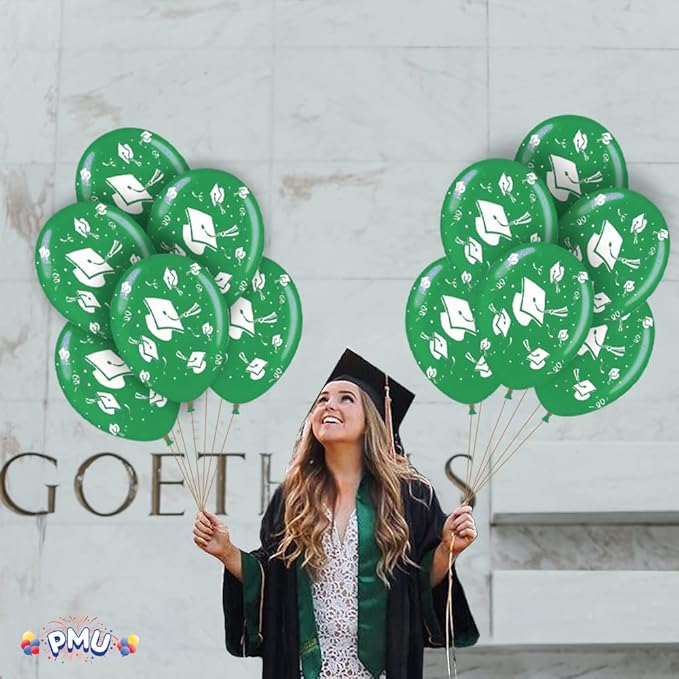 PMU 100 Pcs Emerald Green Graduation Balloons Class of 2025 with All-Over Print White Grad Caps-Confetti and Streamers | Graduation Party Supplies | Congratulations Grad Latex Balloons Latex