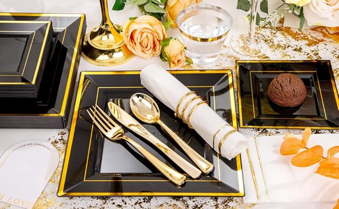 Festiva 350Pcs Black and Gold Plastic Plates-50Guests Disposable Square Black Dinnerware Set include 100 Plastic Plates,50Cups,150Plastic Cutlery,50Napkins for Party &Wedding&New Year