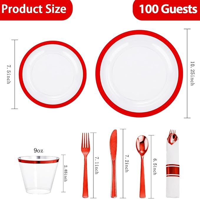 I00000 700 Piece Red Plastic Dinnerware Set for Party, Clear Disposable Plates for 100 Guests, Include: 100 Dinner Plates, 100 Dessert Plates, 100 Pre Rolled Napkins with Cutlery Set, 100 Cups