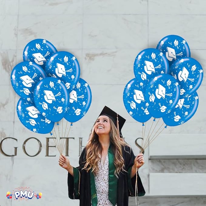 PMU 100 Pcs Blue Graduation Balloons Class of 2025 with All-Over Print White Grad Caps-Confetti and Streamers | Graduation Party Supplies | Congratulations Grad Latex Balloons Latex