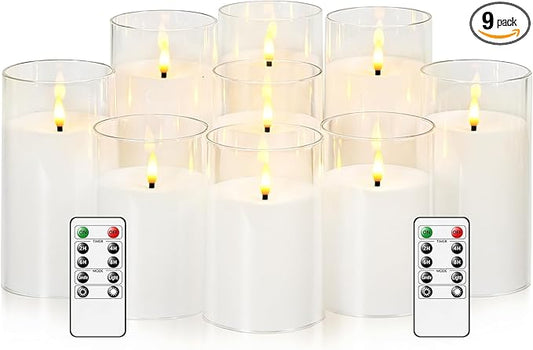 Flickering Flameless Candles Battery Operated with Remote and 2/4/6/8 H Timer Acrylic Led Pillar Candles Pack of 9 (D 3" xH 4" 5" 6") with Realistic 3D Wick Candles for Home Decor(White)
