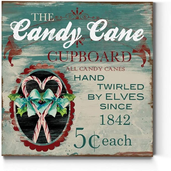 Renditions Gallery Candy Cane Cupboard Wall Art, Cute Christmas & Winter Decor, Vintage Faux Wood Look, Festive, Premium Gallery Wrapped Canvas, Ready to Hang, 32 in H x 32 in W, Made in America