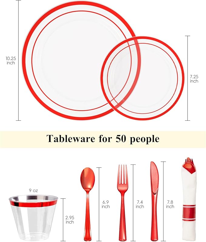 Goodluck 350 Piece Red Plastic Plates, Clear Plastic Silverware Disposable Plates Set, Include 100Plates, 50Pack Pre Rolled Napkins with Silverware, 50Cups for Party, Christmas, Graduation, Wedding