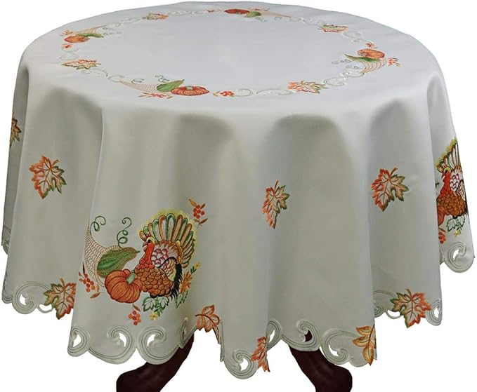 Creative Linens Fall Harvest Thanksgiving Tablecloth 68" Round with 8 Napkins, Embroidered Turkey Pumpkin Maple Leaf Table Linen for Holiday Decoration, Ivory