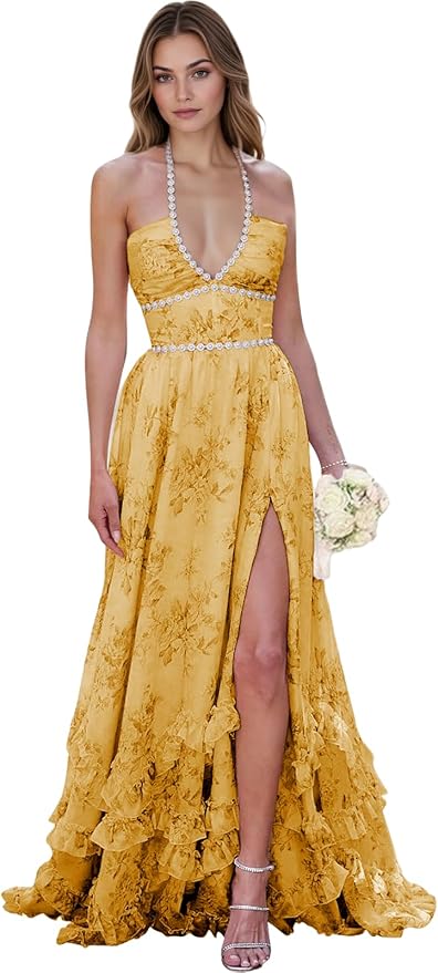 Floral Printed Chiffon Prom Dress for Carmen 2025 Long V Neck Floor Length Photoshoot Dress with Side Slit Ruched