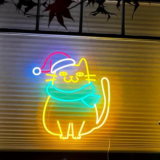 Meowy Christmas Neon Sign, Christmas Cat Home Decor, Cute Cat for Christmas Home Decor, Christmas Gift for Cat Lovers, Meowy Cat Gift Size:H16xW13inches