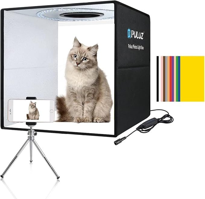 PULUZ 16"/40cm Foldable Portable Photo Studio Light Box, Adjustable Brightness Light Box Photography Lighting Shooting Tent Kit, with LED Lights and 12 Colors Backdrop
