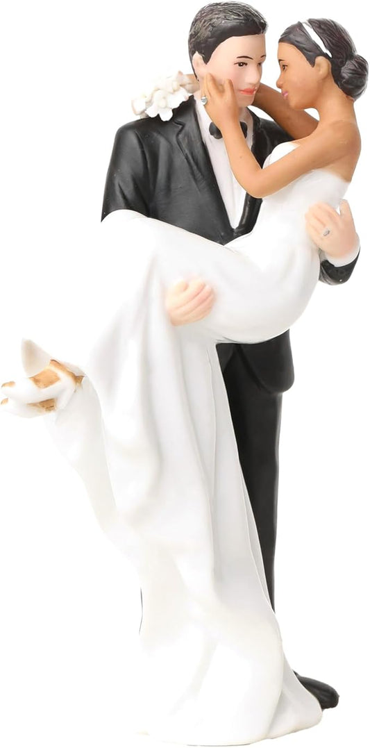 Wedding Collectibles Interracial Wedding Cake Toppers Bride and Groom | Caucasian Groom Holding African American Bride | Unique Interracial Cake Topper Figurine | Fine Porcelain | 6 Inches