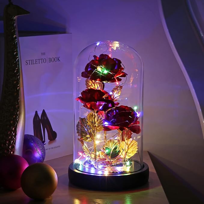 Valentines Day Rose Gifts for Her Galaxy Flower Rose in Glass Dome with 2 Light Modes,Enchanted Rose Light Up Rose Valentines Anniversary Birthday Gifts for Wife Girlfriend Women Mom Best Friend Her