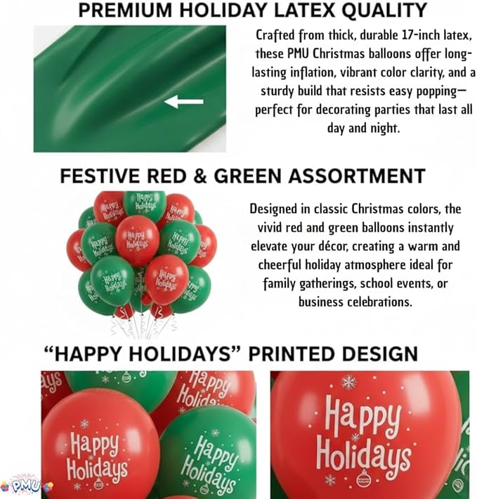 PMU 50 Pcs Christmas 17 Inch Latex Balloons – Red & Green Assorted “Happy Holidays” Party Balloons for Xmas Decorations, Holiday Events, Indoor Outdoor Christmas Party Supplies
